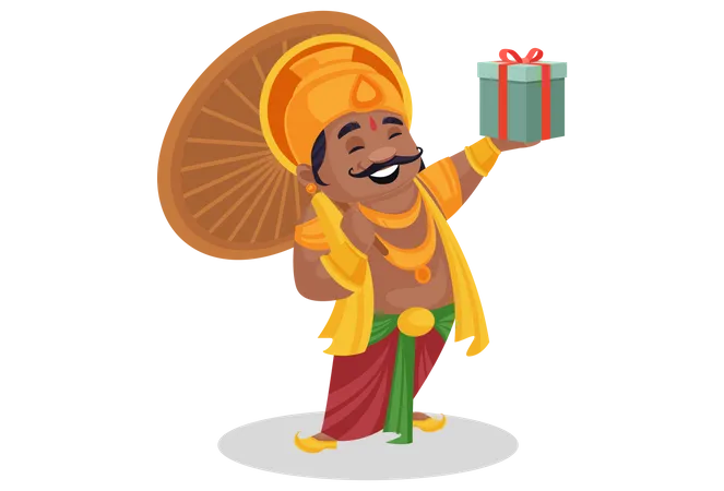 Rey Mahabali sosteniendo una caja de regalo en la mano  Ilustración