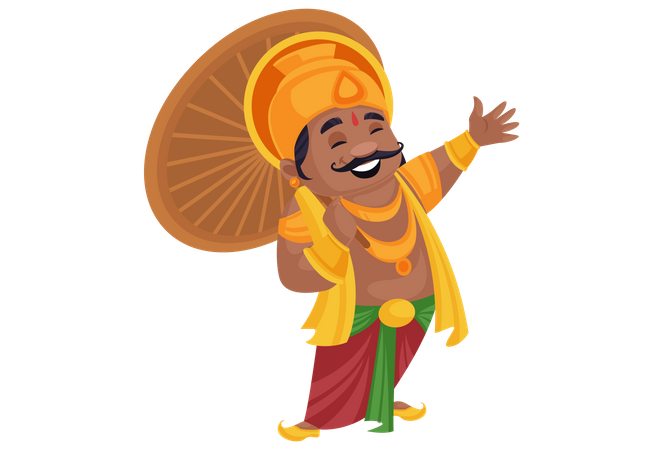 El rey Mahabali sosteniendo un paraguas en la mano y riendo  Ilustración