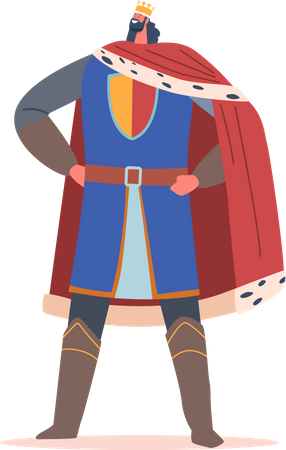 Miembro de la familia real medieval del rey con traje histórico y corona dorada, personaje aislado de cuento de hadas del antiguo reino  Ilustración