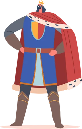 Miembro de la familia real medieval del rey con traje histórico y corona dorada, personaje aislado de cuento de hadas del antiguo reino  Ilustración