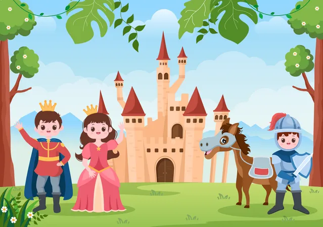 Rey y reina de pie con caballero cerca del castillo  Ilustración