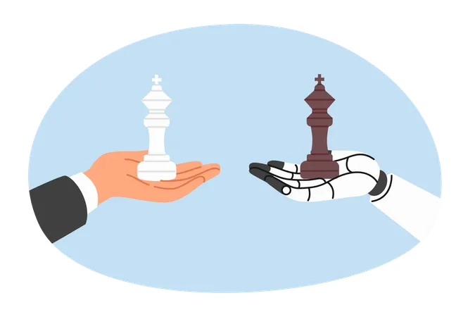 Reyes del ajedrez en manos de humanos y robots compitiendo en conocimientos de gestión y planificación estratégica  Ilustración