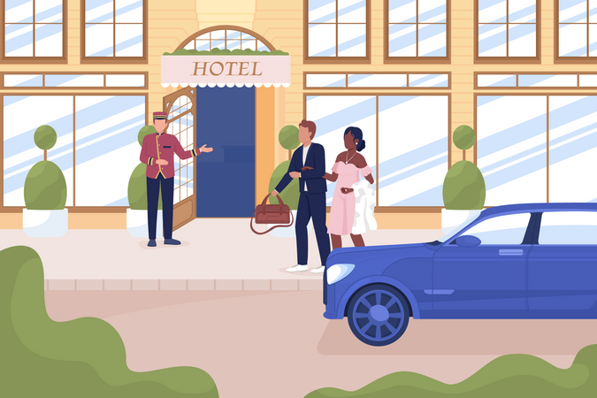 Rezeptionistin begrüßt Gäste in Luxushotel  Illustration