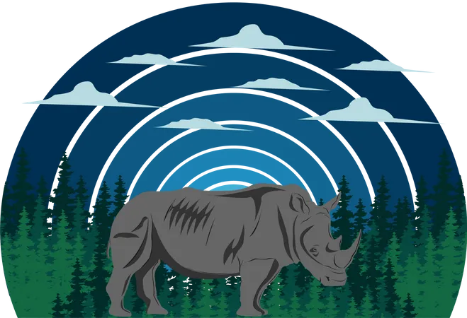 Rhino And Forest Retro Design Landscape Illustration