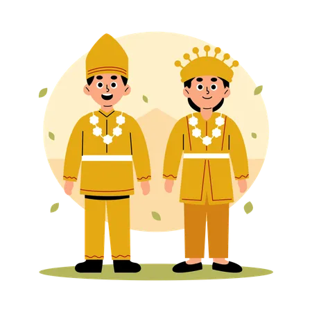 Illustration Of A Man And Woman Dressed In Traditional Riau Clothing Showcasing The Rich Cultural Heritage Of Indonesia Illustration