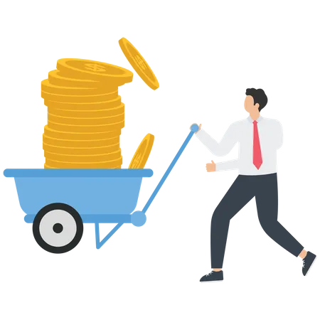 Rich and successful businessman with a load of money golden coin in cart  Illustration