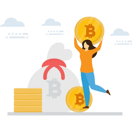 The Girl Is Standing With A Bitcoin In Her Hands Illustration