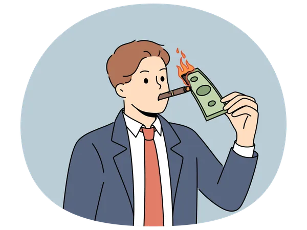 Rich businessman burn dollar bill with cigar  Illustration