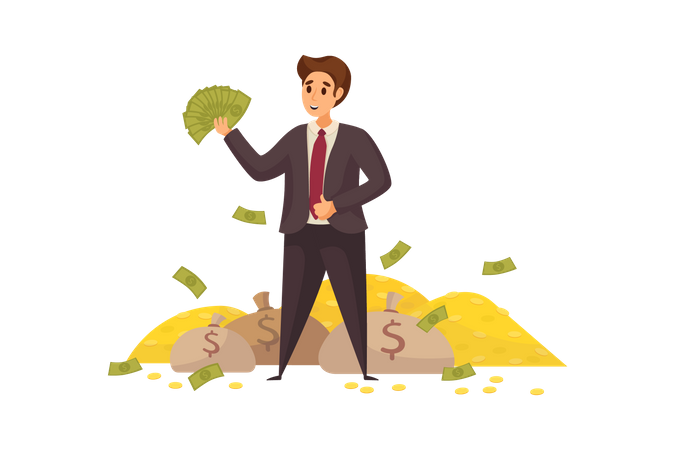 Rich businessman holding cash money  Illustration