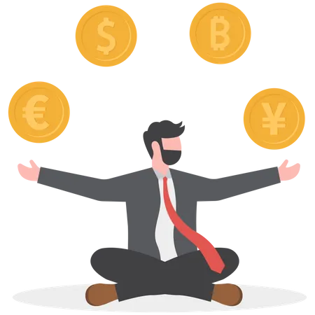 Rich businessman juggling various international money coins  Illustration