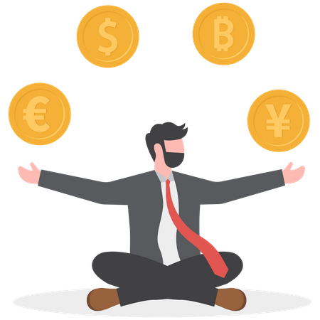 Rich businessman juggling various international money coins  Illustration