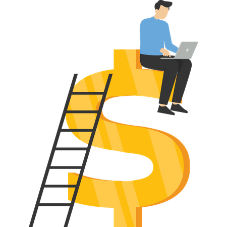 Rich businessman jumping high above pile of money coins with growth chart  イラスト