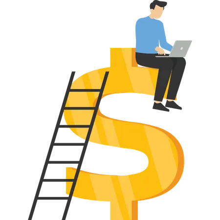 Rich businessman jumping high above pile of money coins with growth chart  Illustration