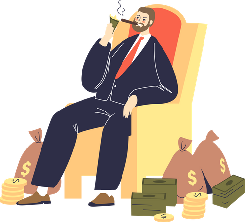 Rich businessman lighting cigar with dollar  Illustration