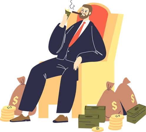 Rich businessman lighting cigar with dollar  Illustration