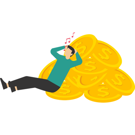 Rich businessman lying singing on pile of coins  Illustration