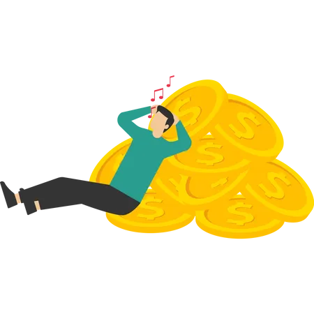 Rich businessman lying singing on pile of coins  Illustration