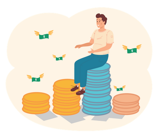Rich Businessman sitting on money pile Illustration