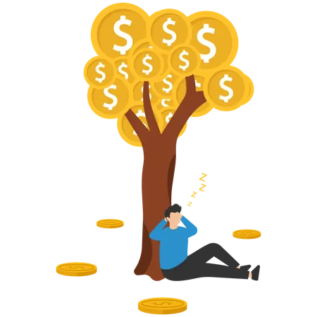 Rich businessman sleeping under dollar tree  Illustration