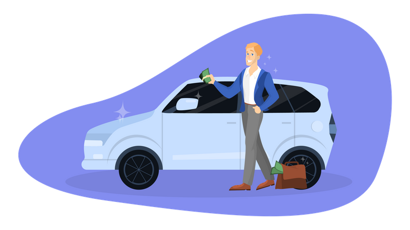 Rich businessman standing at the new car Illustration