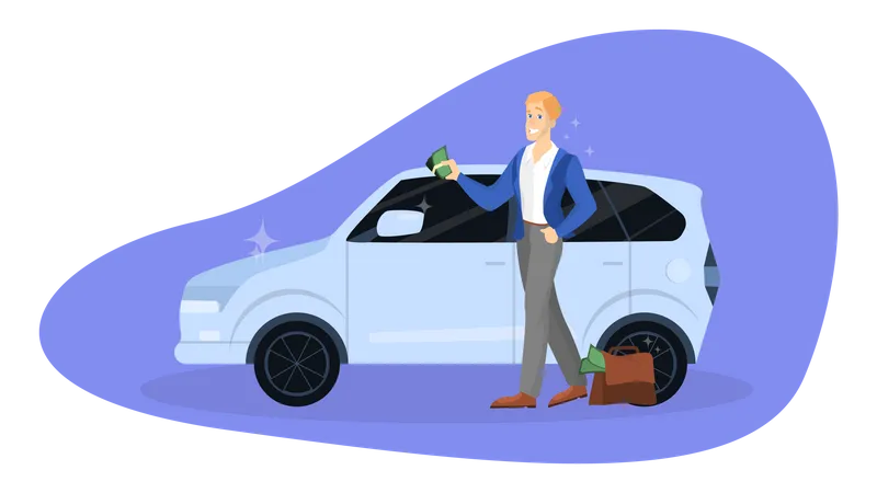 Rich businessman standing at the new car Illustration