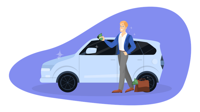 Rich businessman standing at the new car  Illustration