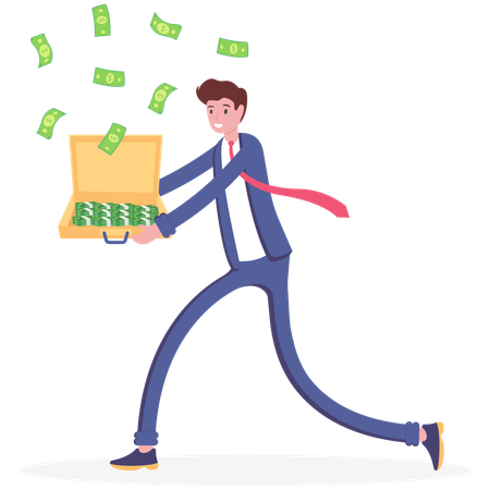 Rich businessman standing on open suitcase full of money  Illustration