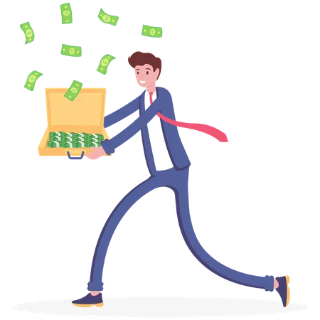 Rich businessman standing on open suitcase full of money  Illustration