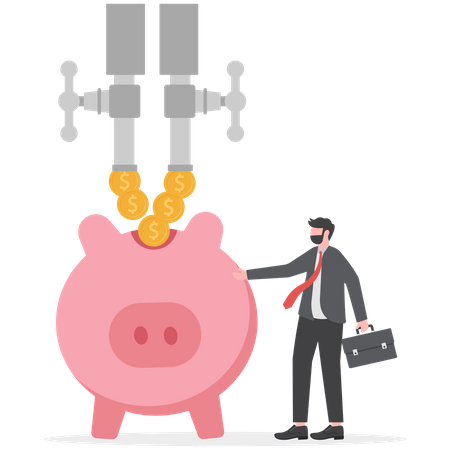 Rich businessman standing with multi cash flow from pipe into wealthy piggy bank  Illustration