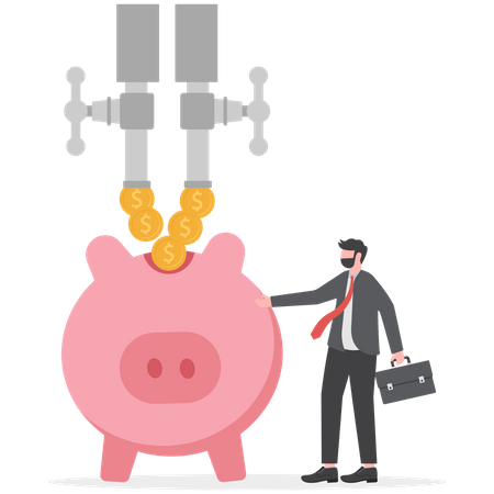 Rich businessman standing with multi cash flow from pipe into wealthy piggy bank  Illustration