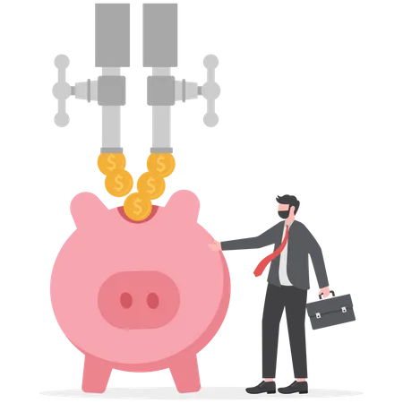 Rich businessman standing with multi cash flow from pipe into wealthy piggy bank  Illustration