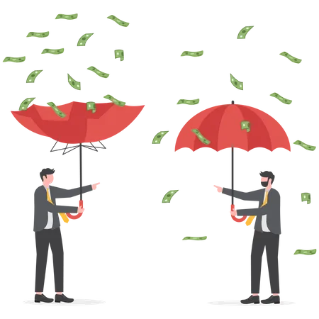 Rich businessman using umbrella to collect falling money from investment thunderstorm  Illustration