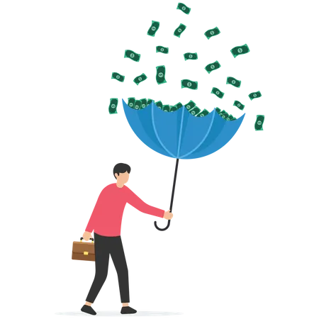Rich businessman using umbrella to collect falling money from investment thunderstorm  Illustration
