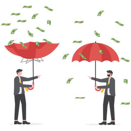 Rich businessman using umbrella to collect falling money from investment thunderstorm  Illustration