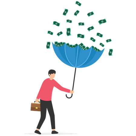 Rich businessman using umbrella to collect falling money from investment thunderstorm  Illustration