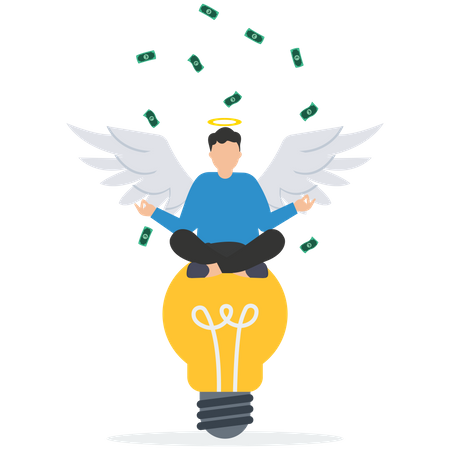 Rich businessman with angel wing on lightbulb idea with money banknote  Illustration