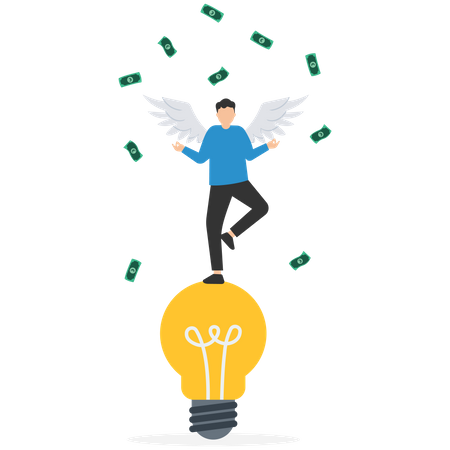 Rich businessman with angel wings on lightbulb idea with money banknote  Illustration