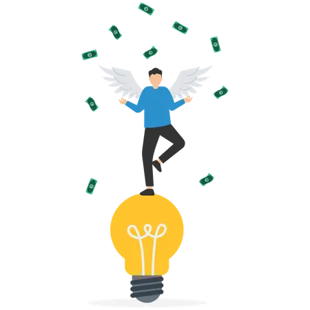 Rich businessman with angel wings on lightbulb idea with money banknote  Illustration