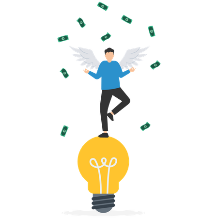 Rich businessman with angel wings on lightbulb idea with money banknote Illustration