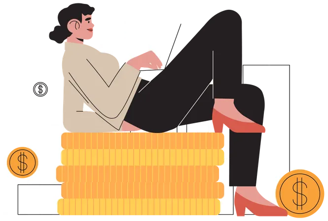 Business Woman Character On Pile Of Golden Coins Check Profit Credit Card Balance Data Statistics Concept Of Finance Financial Operations Or Planning Investments For Banner Web App Design Ui Illustration