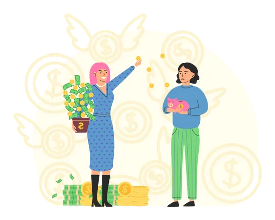 Rich businesswoman giving money to poor girl Illustration
