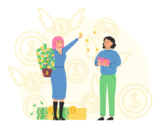 Rich businesswoman giving money to poor girl  Illustration