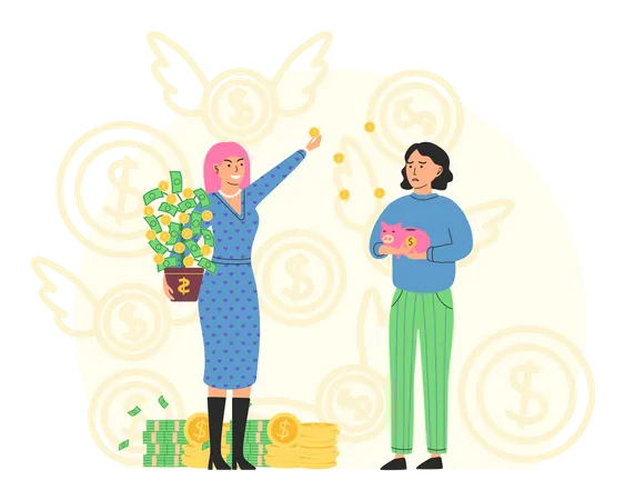 Rich businesswoman giving money to poor girl  Illustration