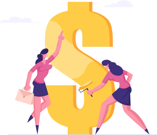 Employee Paint Dollar Sign With Roller Under Boss Management Rich Businesswoman Making Saving And Increasing Capital Financial Goal Achievement Profit And Wealth Cartoon Flat Vector Illustration Illustration