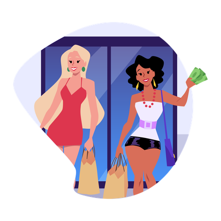 Rich girls spend money on fashion and luxury items  Illustration