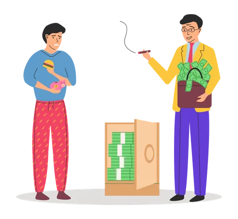 Rich happy millionaire holding briefcase and poor man eating cheap fast food Illustration