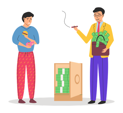 Rich happy millionaire holding briefcase and poor man eating cheap fast food  Illustration