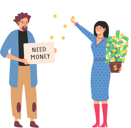 Rich happy woman scatter bills poor man holding sign need money  Illustration