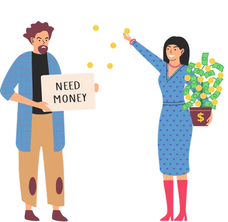 Rich happy woman scatter bills poor man holding sign need money  Illustration