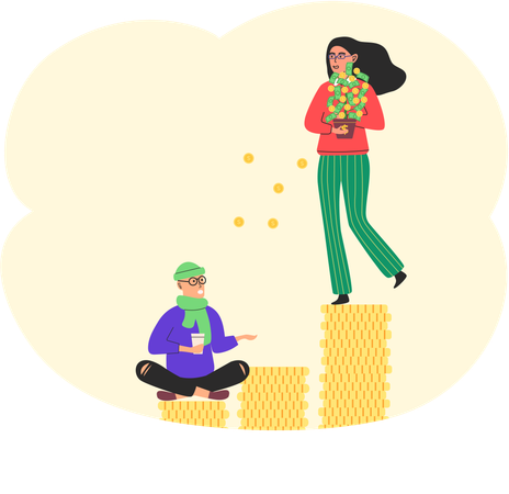 Rich happy woman scatter money poor male beggar begging on street  Illustration